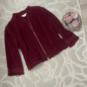 🌷SANDRO🌷Burgundy corduroy ruffle edge zip front short jacket